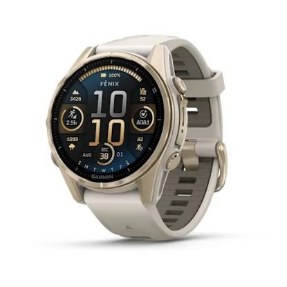 fenix 8 - 43 mm, AMOLED - Sapphire, Soft Gold ve Gri/Kum Taşı Silikon Kayışlı resmi